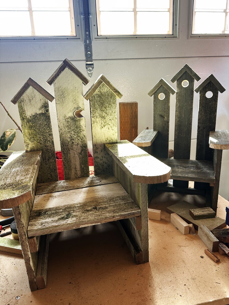 Mini birdhouse chairs in workshop